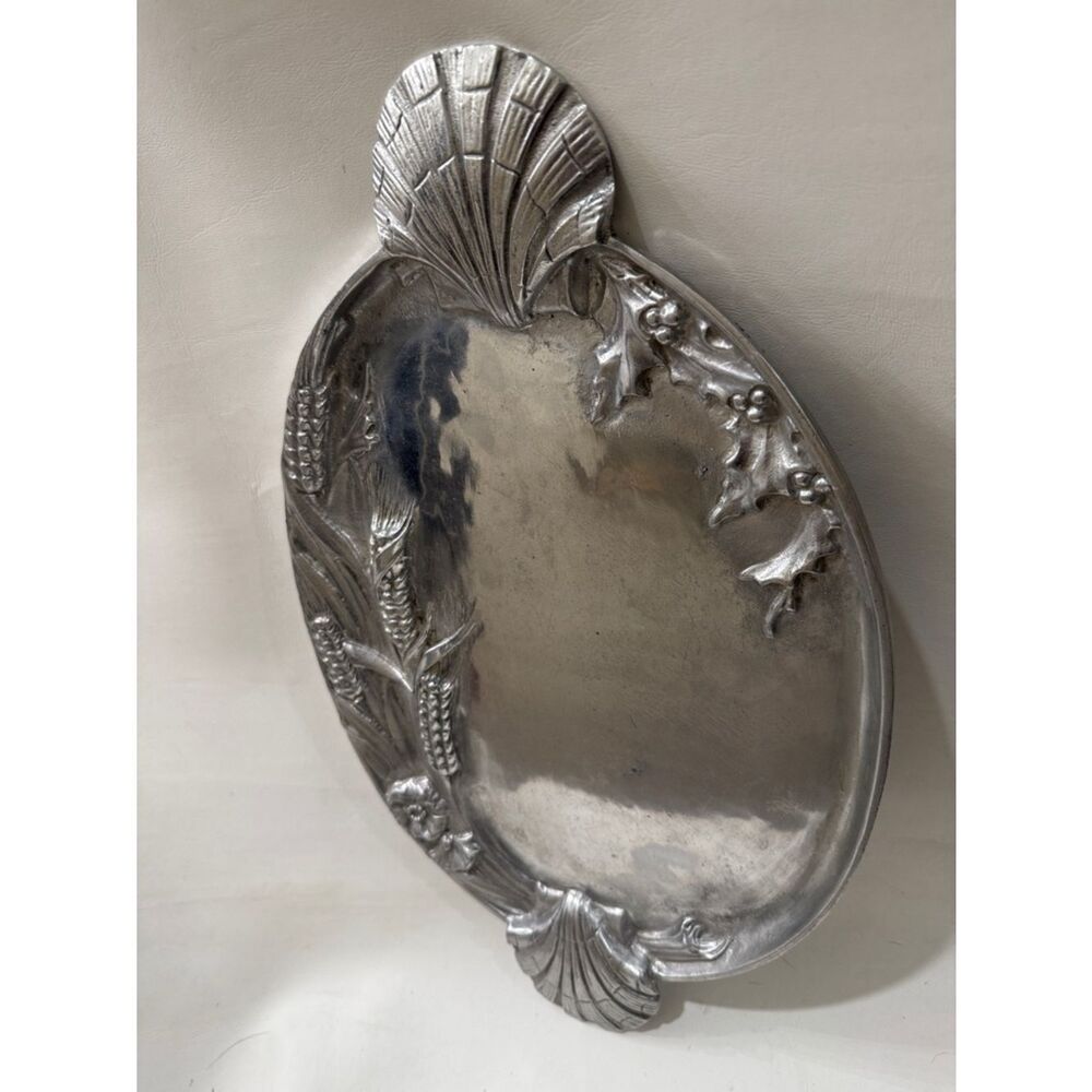 Arthur Court Silver Tone 20 X 12 Shell Holly Wheat Decorative Serving Tray 1986
